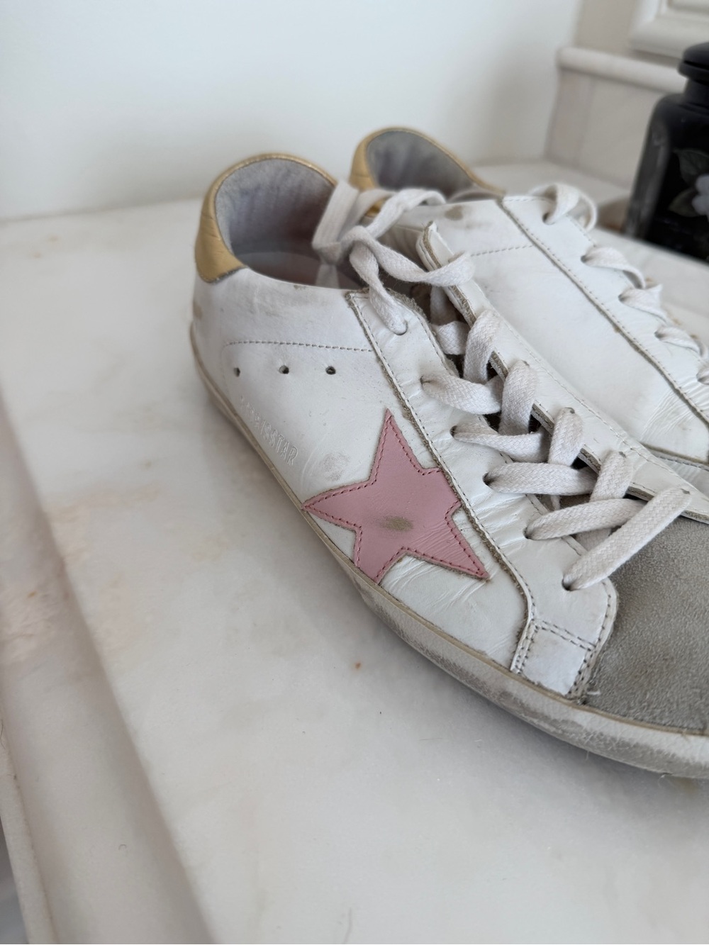 Golden Goose White Leather Sneakers with Pink Star and Gold Heel
